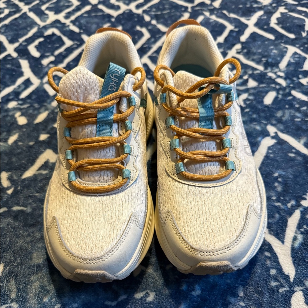 Ryka Cream and Blue Sneakers with Tan Laces